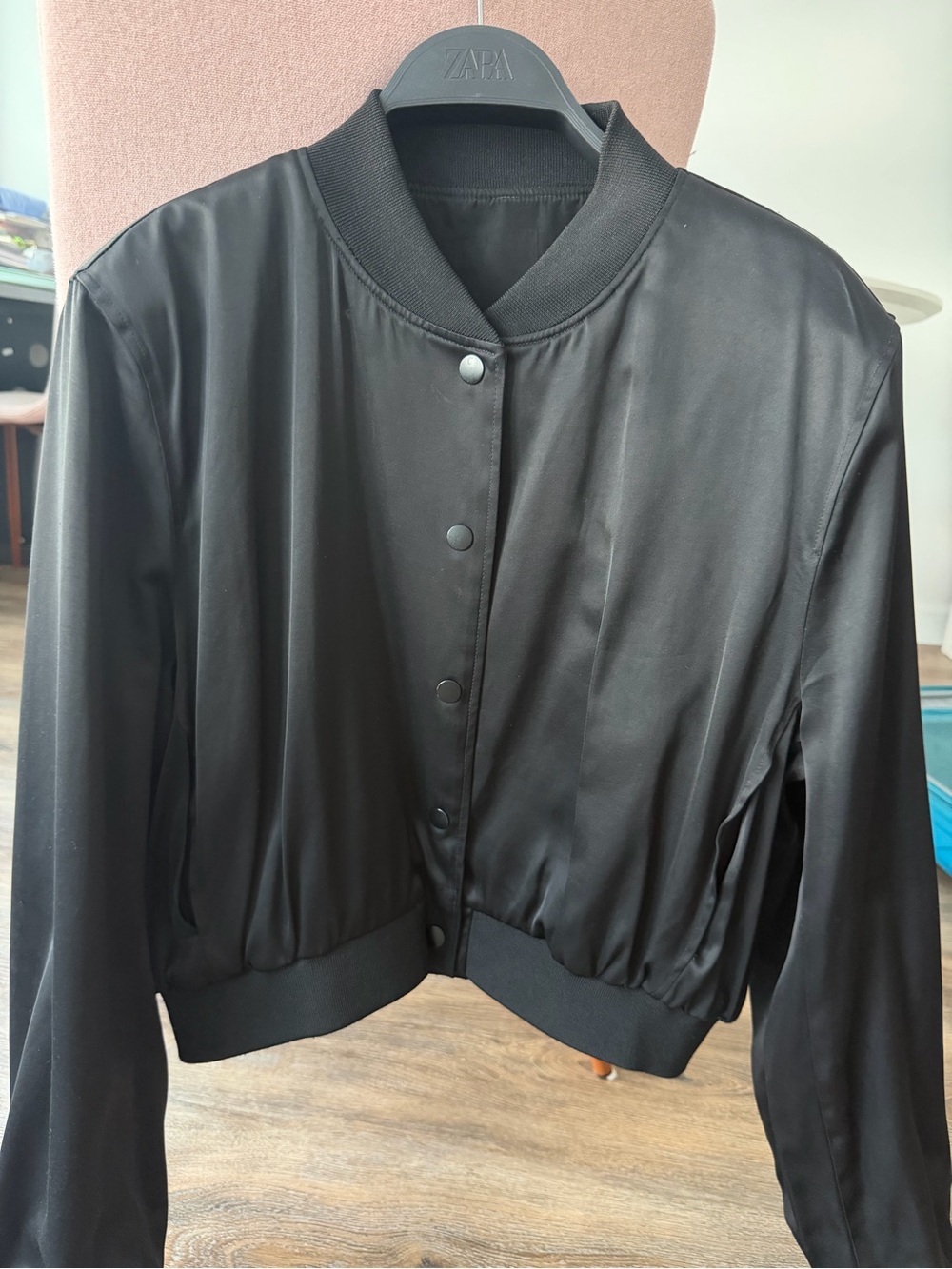 Zara Black Satin Bomber with Snap Closure